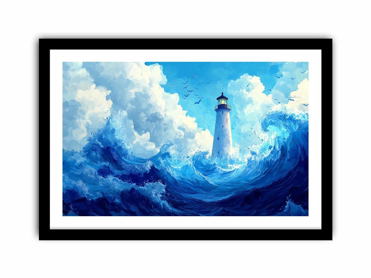 Blue lighthouse wave canvas print for calm coastal bedroom decor.