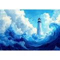 Blue lighthouse wave canvas print for calm coastal bedroom decor.