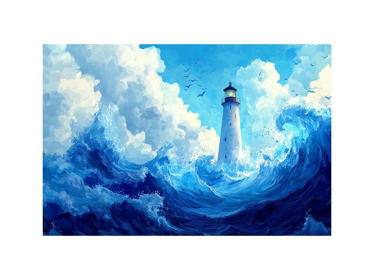 Blue lighthouse wave canvas print for calm coastal bedroom decor.