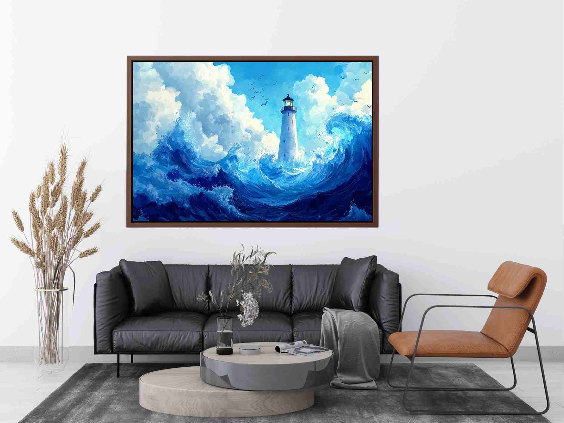 Blue lighthouse wave canvas print for calm coastal bedroom decor.