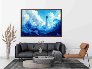 Blue lighthouse wave canvas print for calm coastal bedroom decor.