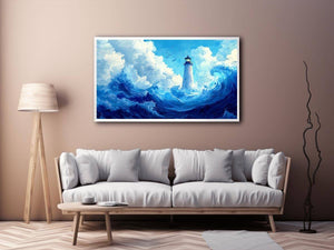 Blue lighthouse wave canvas print for calm coastal bedroom decor.