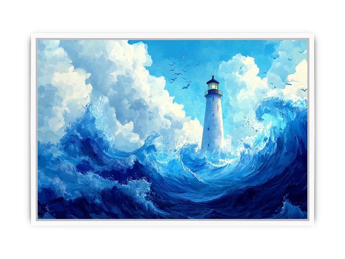 Blue lighthouse wave canvas print for calm coastal bedroom decor.
