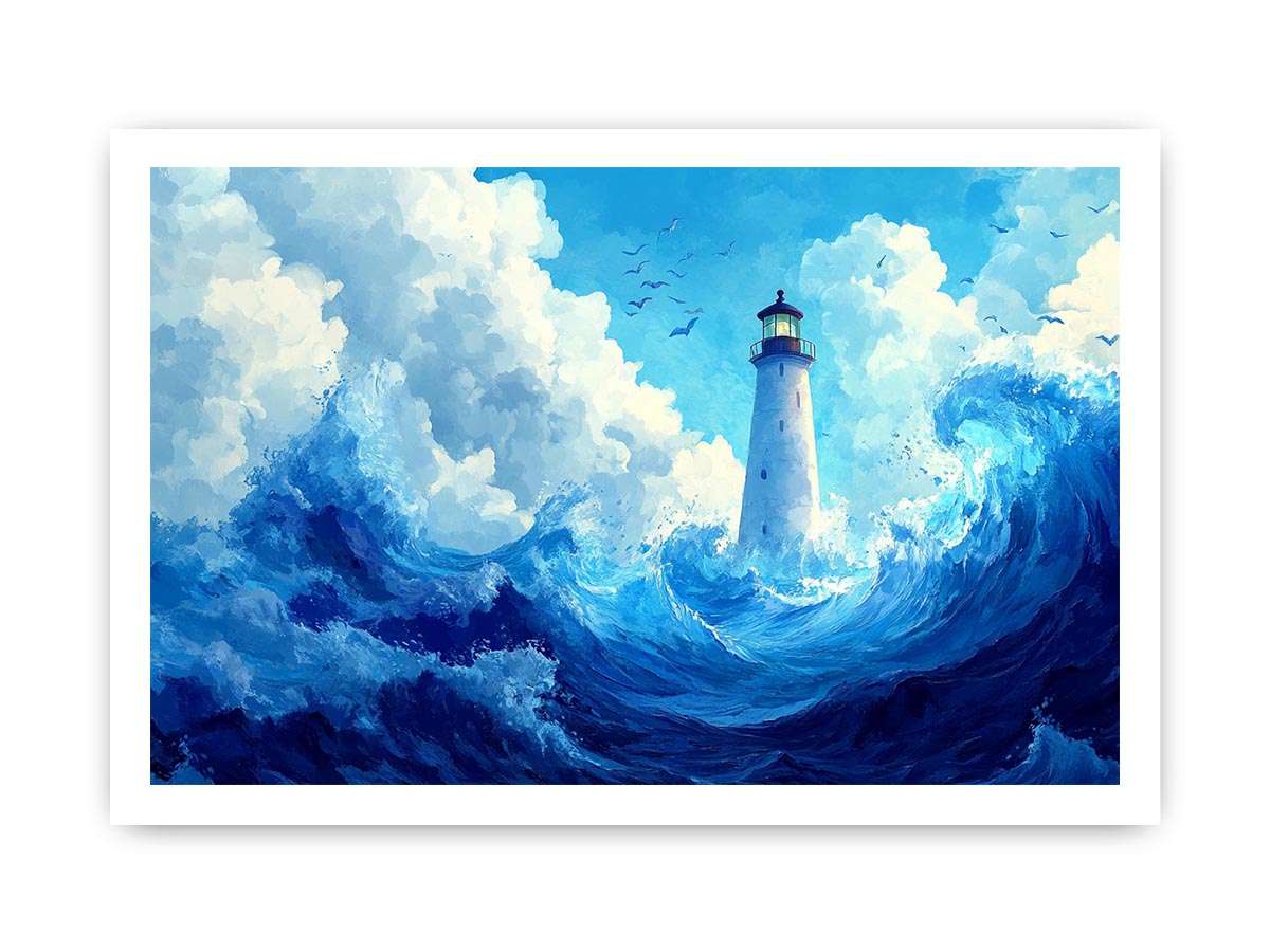 Blue lighthouse wave canvas print for calm coastal bedroom decor.