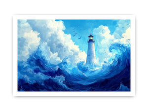 Blue lighthouse wave canvas print for calm coastal bedroom decor.