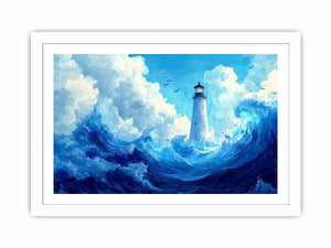Blue lighthouse wave canvas print for calm coastal bedroom decor.