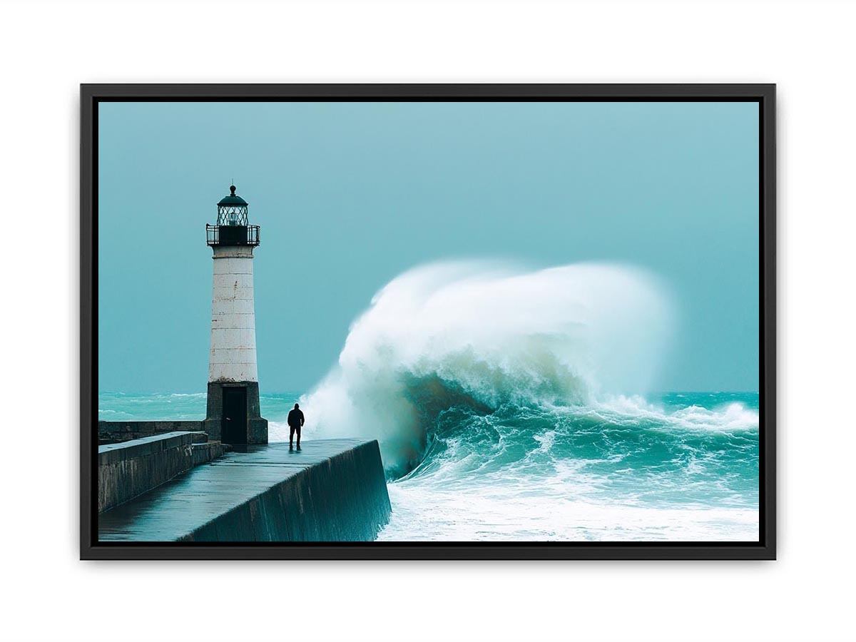 Coastal lighthouse wave photography wall art for modern office decor.