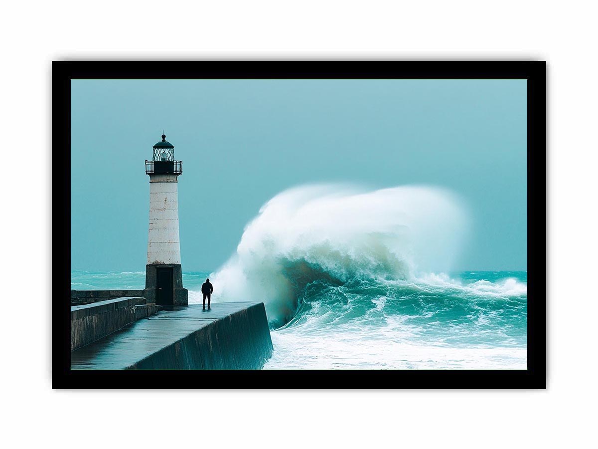 Coastal lighthouse wave photography wall art for modern office decor.