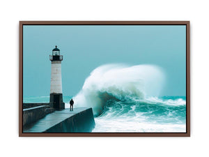 Coastal lighthouse wave photography wall art for modern office decor.