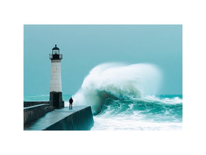Coastal lighthouse wave photography wall art for modern office decor.