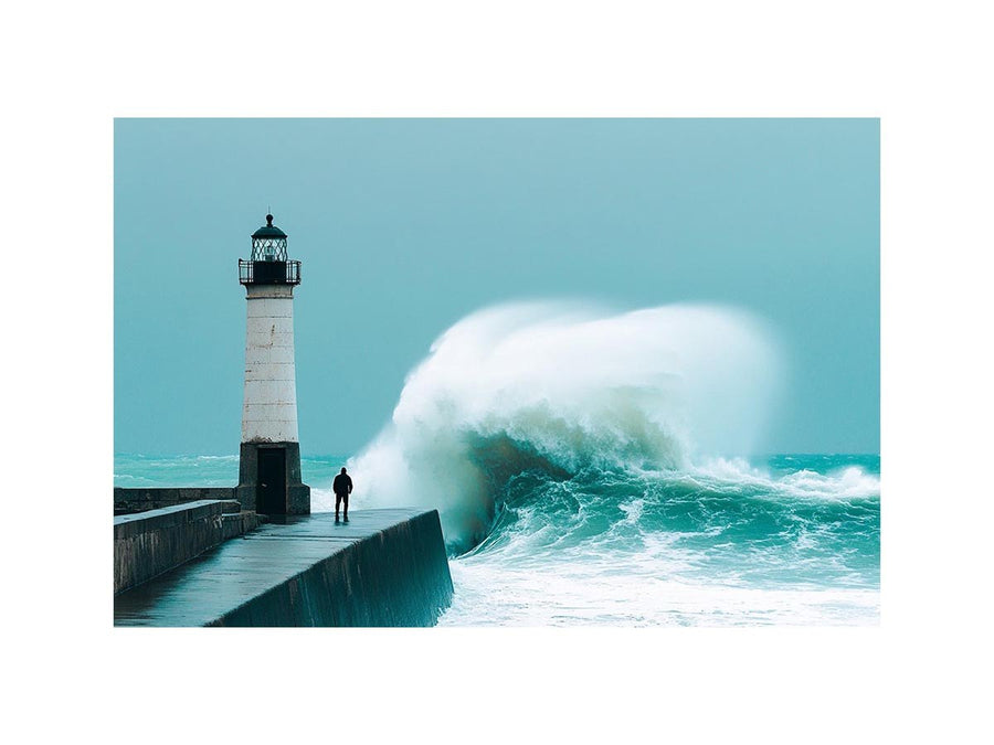Coastal lighthouse wave photography wall art for modern office decor.