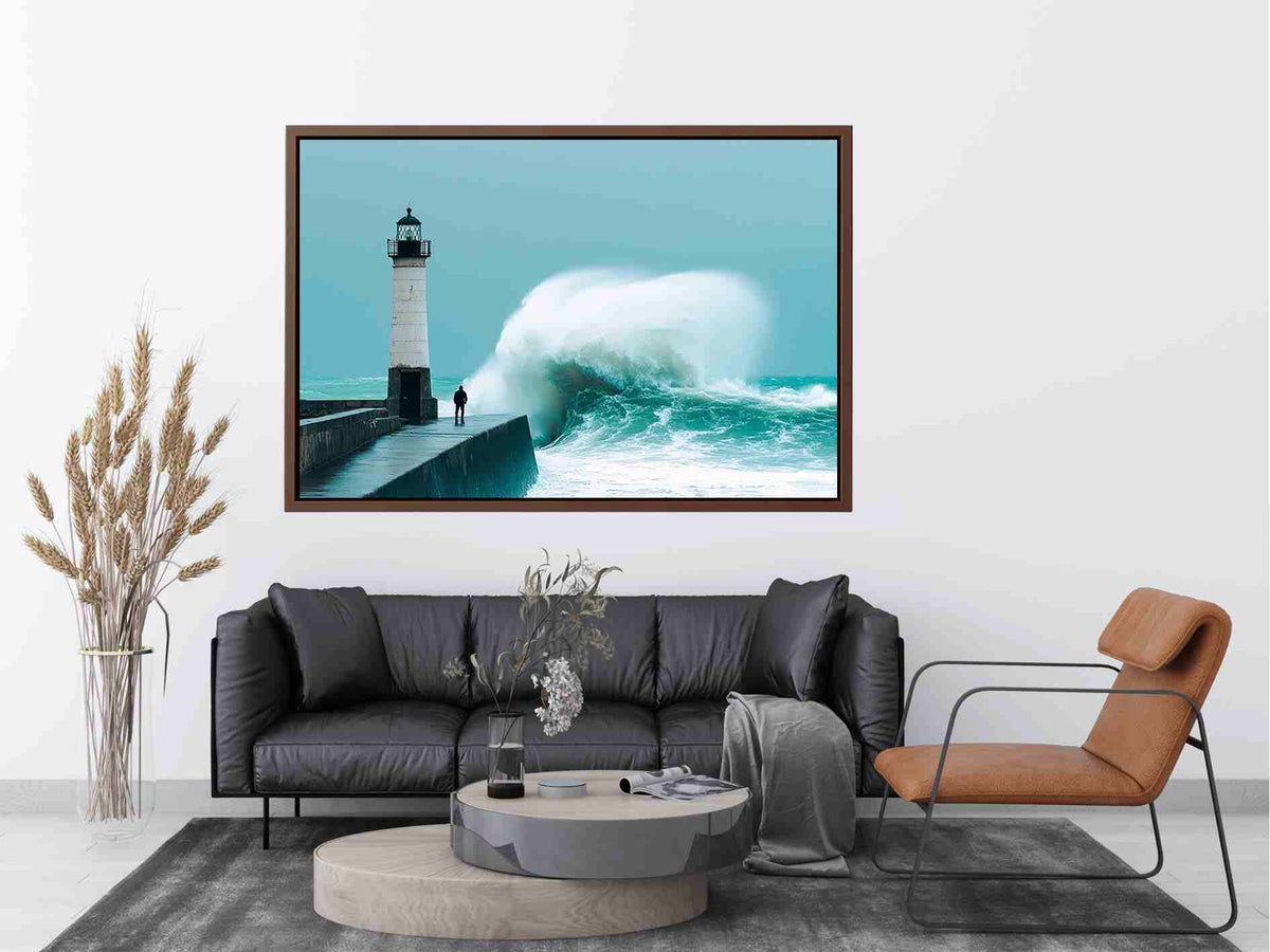 Coastal lighthouse wave photography wall art for modern office decor.