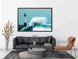 Coastal lighthouse wave photography wall art for modern office decor.