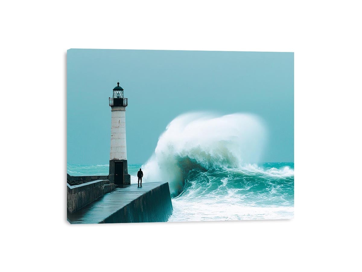 Coastal lighthouse wave photography wall art for modern office decor.