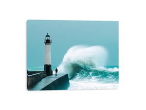 Coastal lighthouse wave photography wall art for modern office decor.