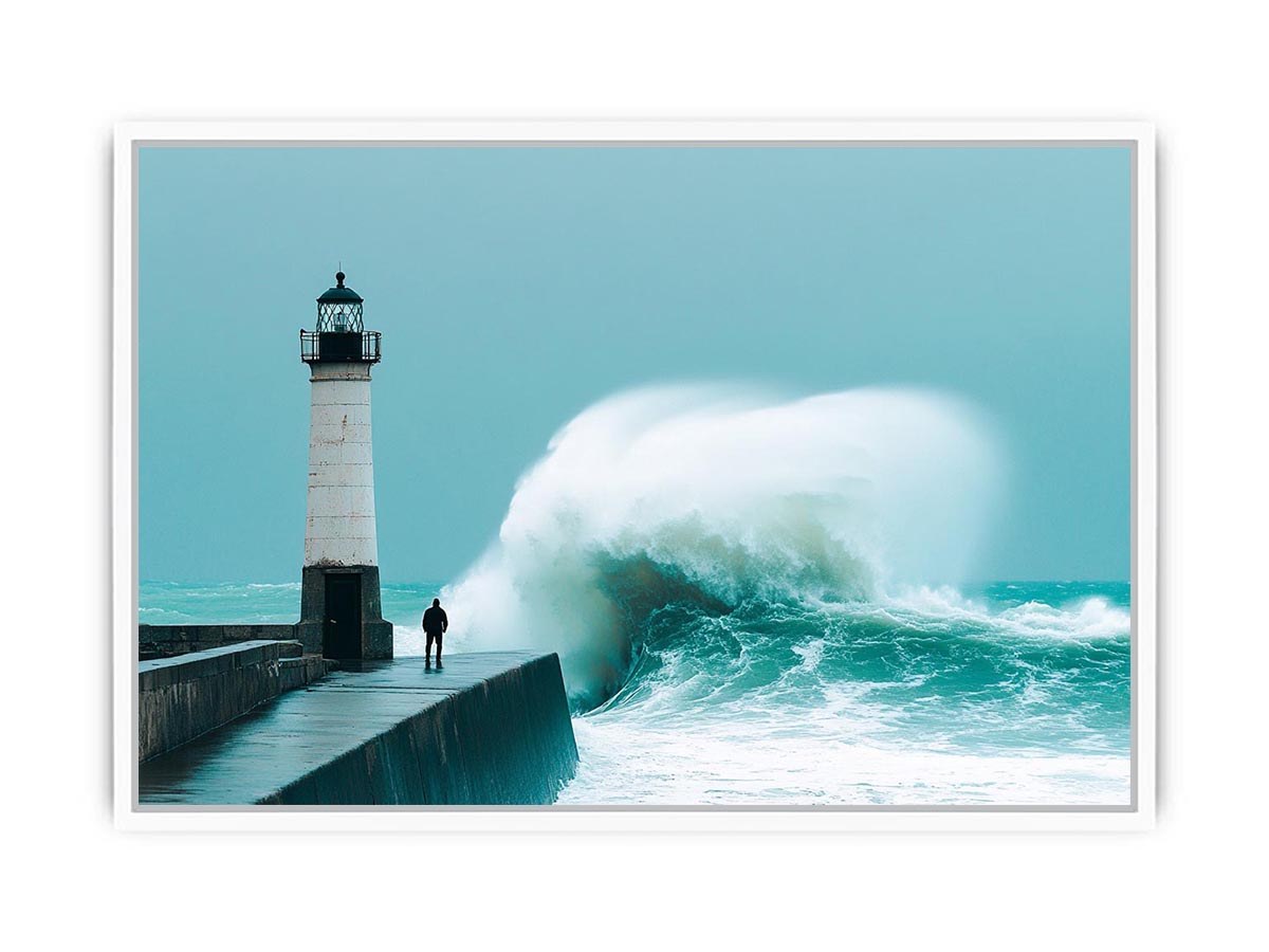 Coastal lighthouse wave photography wall art for modern office decor.
