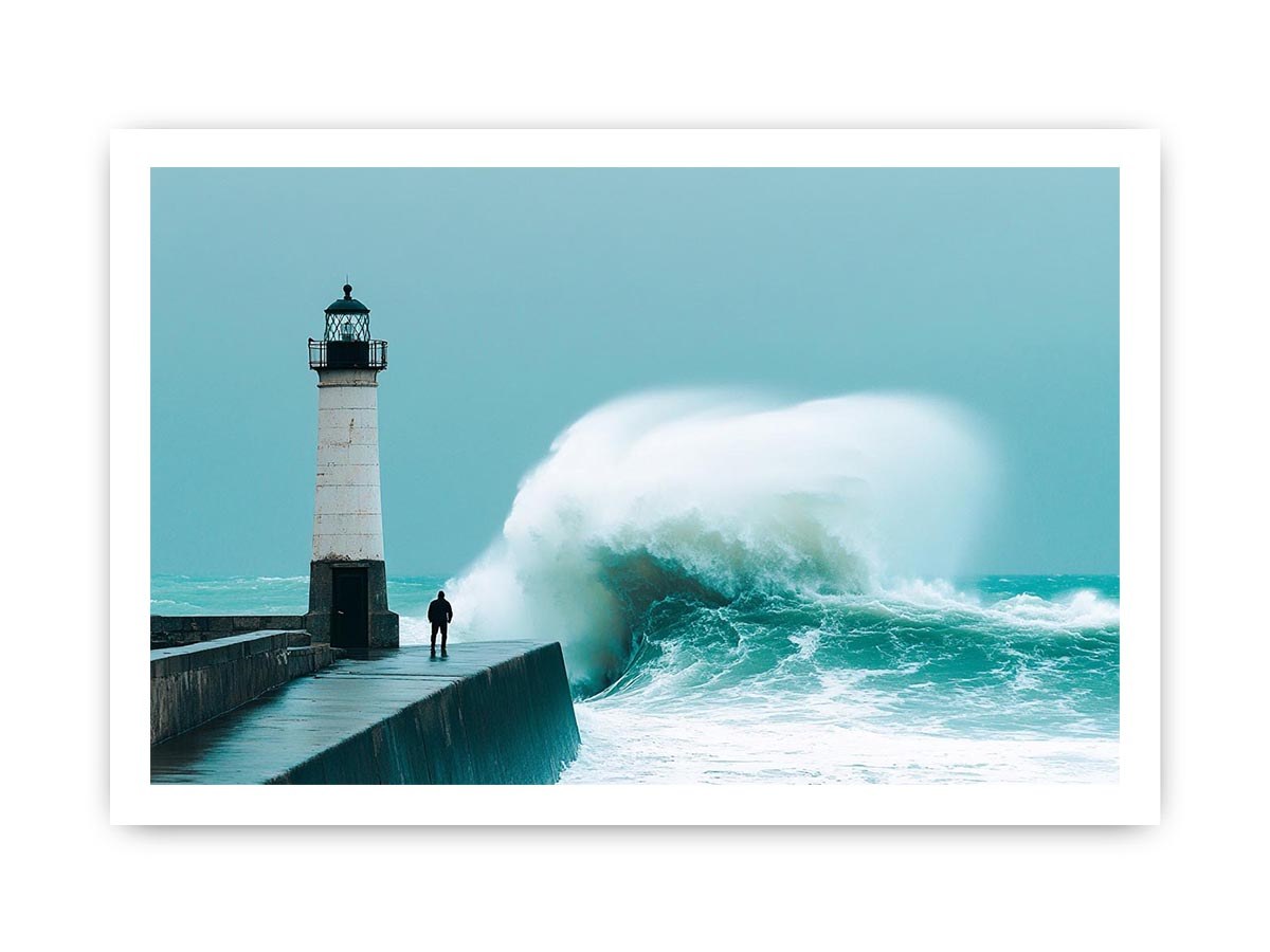 Coastal lighthouse wave photography wall art for modern office decor.
