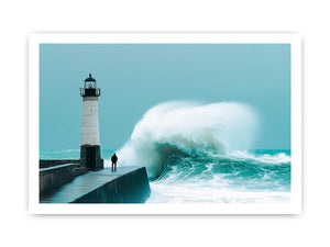 Coastal lighthouse wave photography wall art for modern office decor.