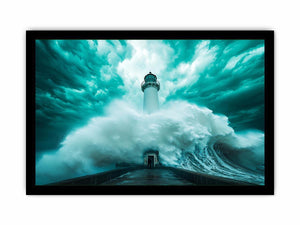 Teal storm lighthouse canvas art with giant wave for modern living room decor.