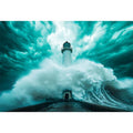 Teal storm lighthouse canvas art with giant wave for modern living room decor.
