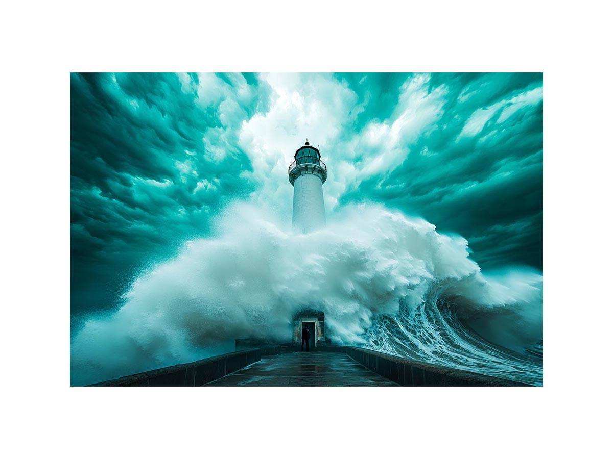 Teal storm lighthouse canvas art with giant wave for modern living room decor.