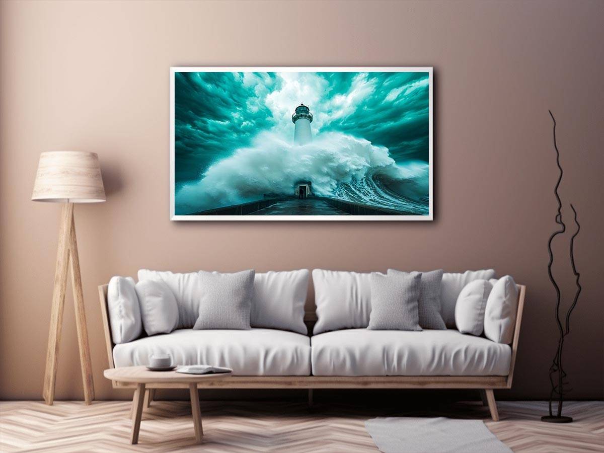 Teal storm lighthouse canvas art with giant wave for modern living room decor.