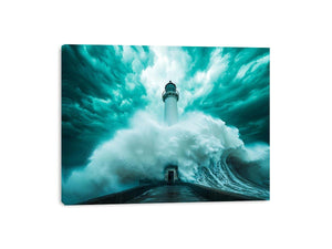 Teal storm lighthouse canvas art with giant wave for modern living room decor.