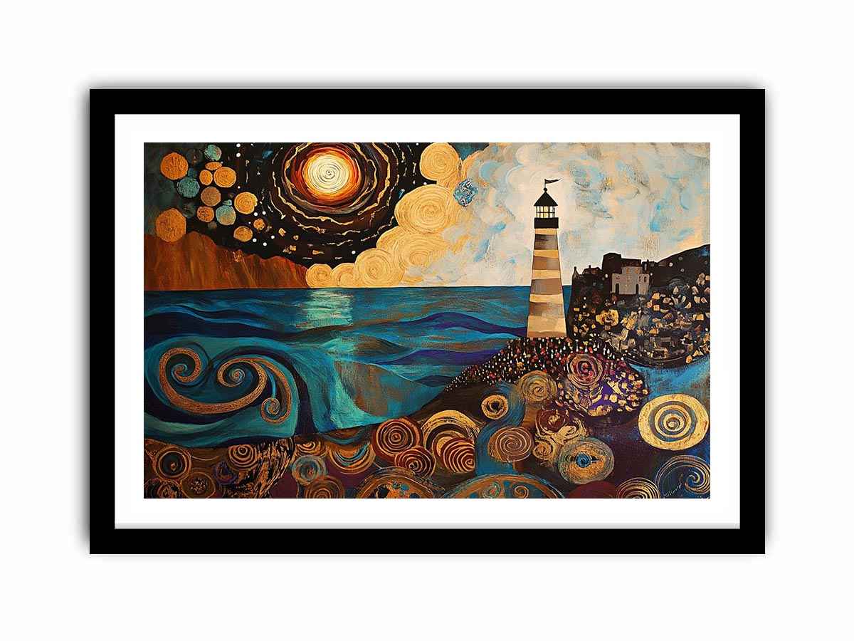Surreal coastal lighthouse canvas art with moon, ocean waves, and harbor village for living room decor.