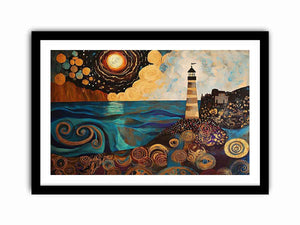 Surreal coastal lighthouse canvas art with moon, ocean waves, and harbor village for living room decor.