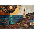 Surreal coastal lighthouse canvas art with moon, ocean waves, and harbor village for living room decor.