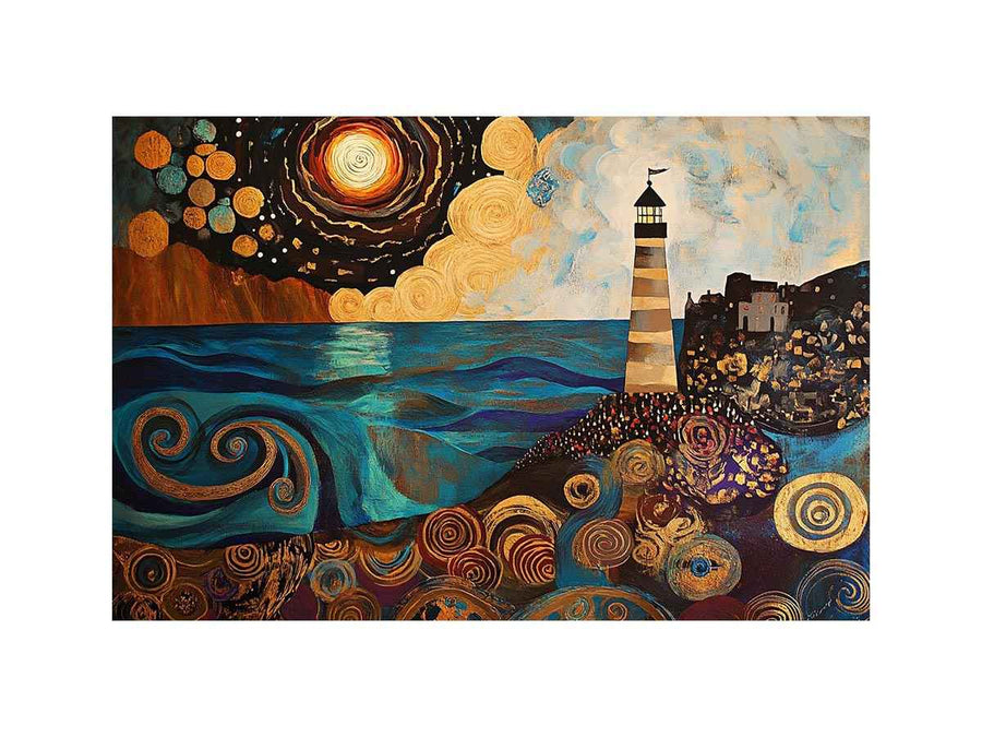 Surreal coastal lighthouse canvas art with moon, ocean waves, and harbor village for living room decor.