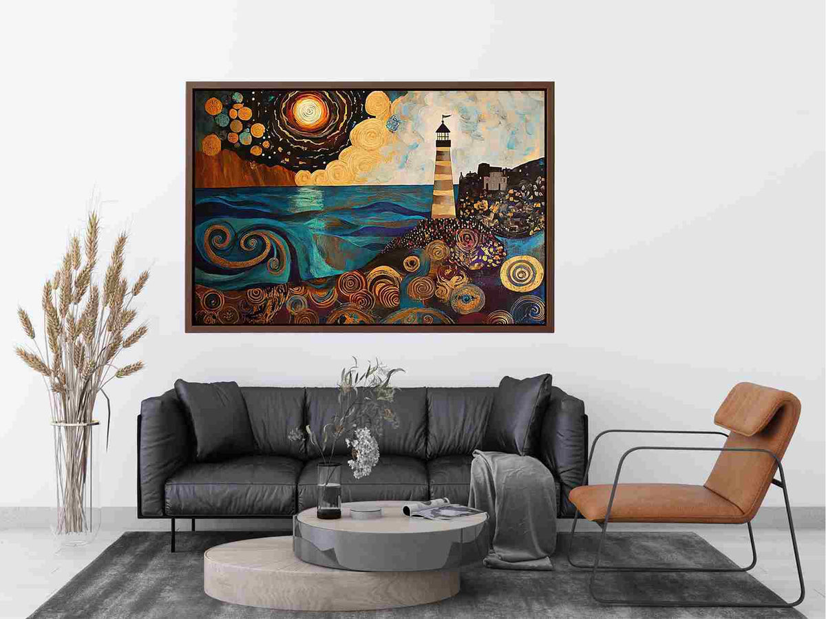 Surreal coastal lighthouse canvas art with moon, ocean waves, and harbor village for living room decor.
