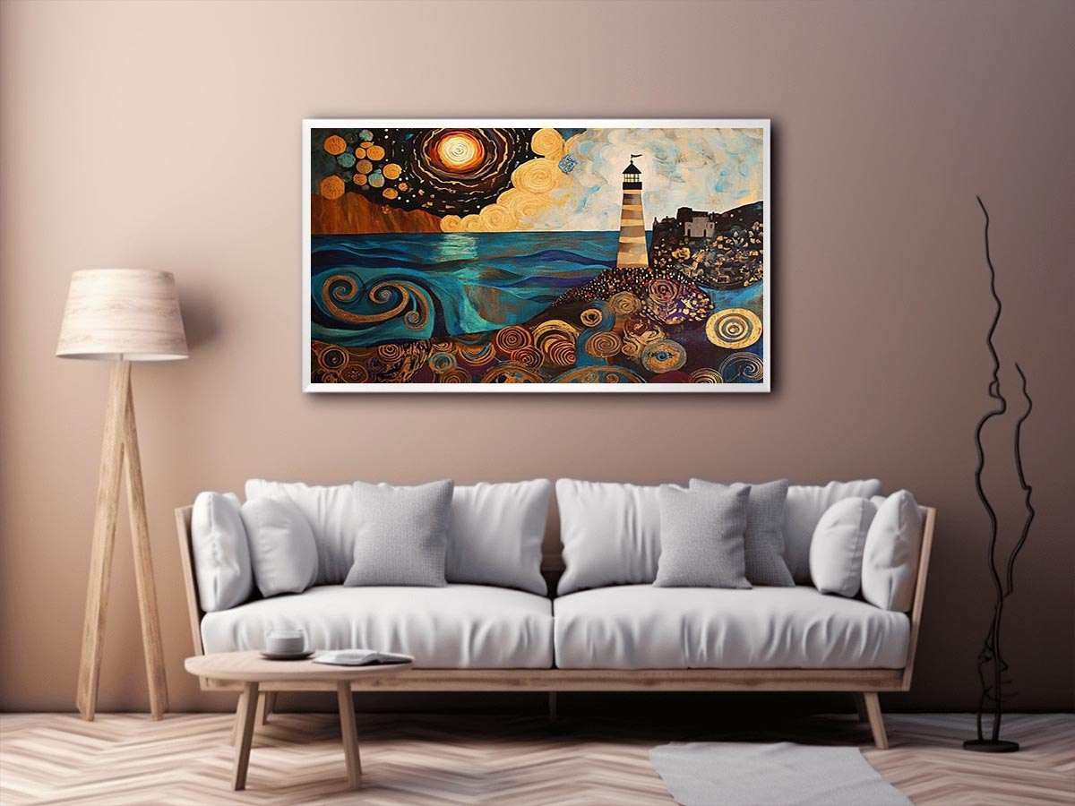 Surreal coastal lighthouse canvas art with moon, ocean waves, and harbor village for living room decor.