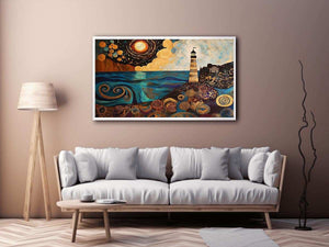 Surreal coastal lighthouse canvas art with moon, ocean waves, and harbor village for living room decor.