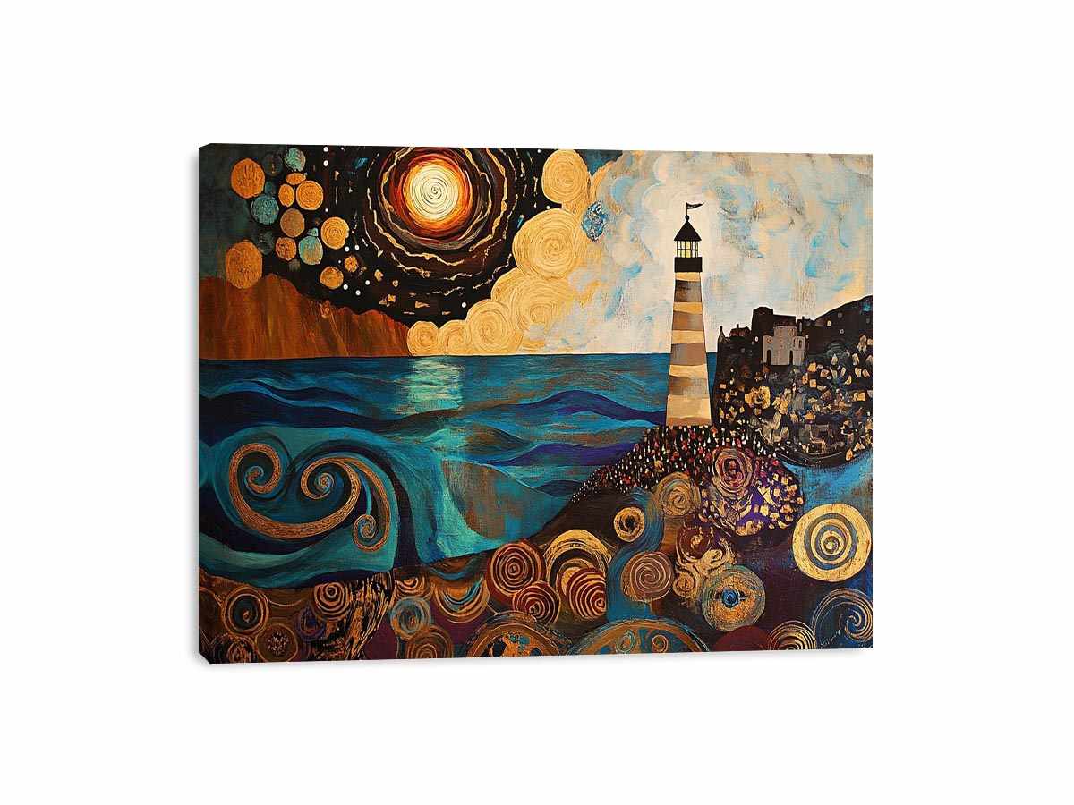 Surreal coastal lighthouse canvas art with moon, ocean waves, and harbor village for living room decor.