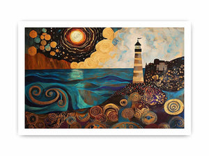 Surreal coastal lighthouse canvas art with moon, ocean waves, and harbor village for living room decor.