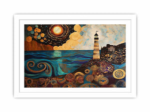 Surreal coastal lighthouse canvas art with moon, ocean waves, and harbor village for living room decor.