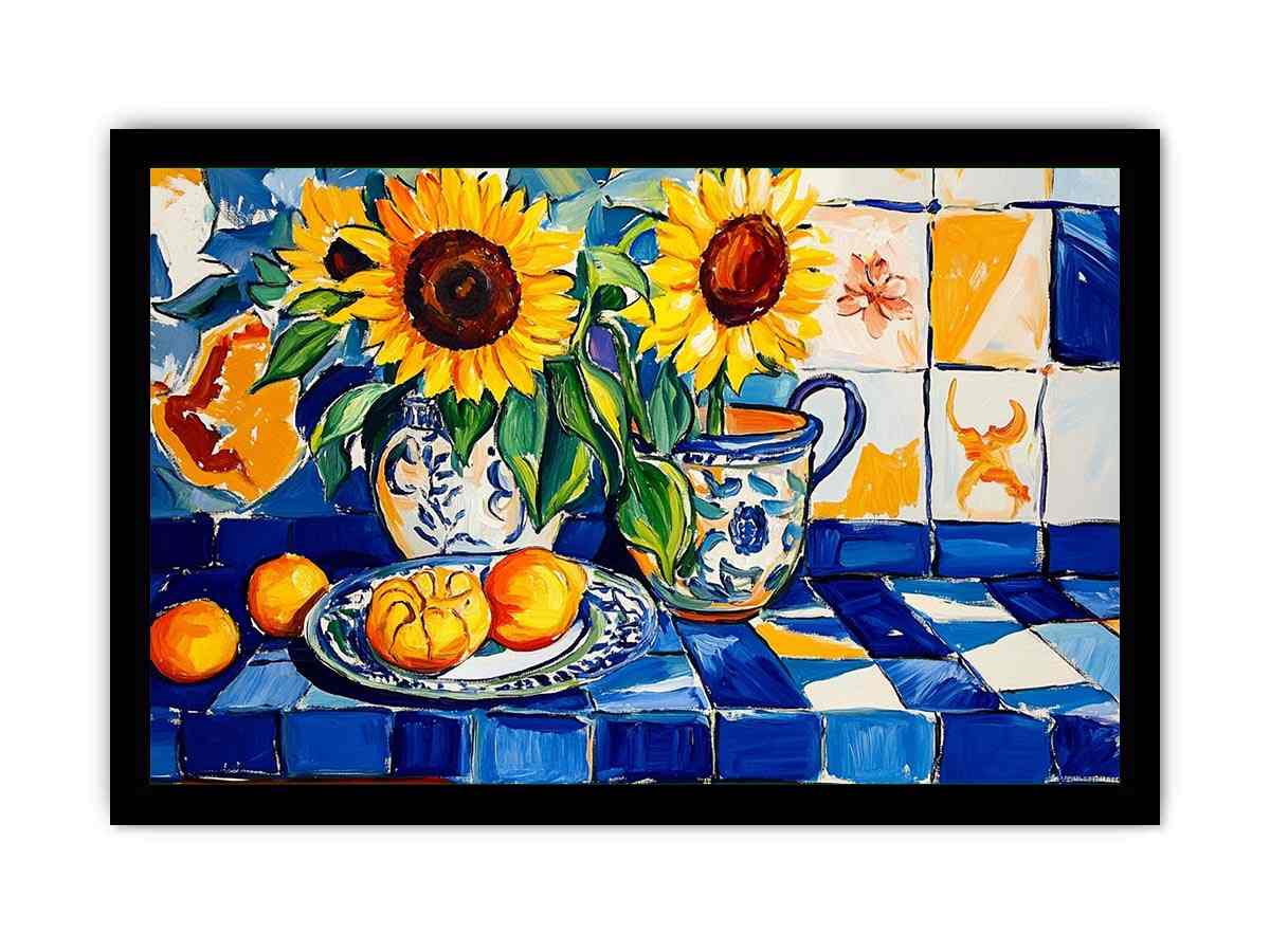 Sunflower and lemon still life canvas art with blue tiles for kitchen decor.