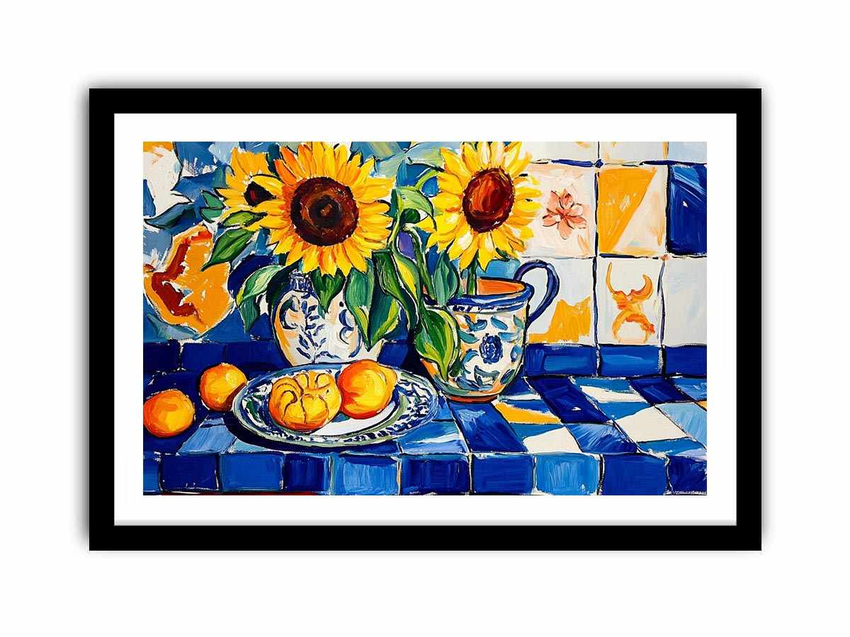 Sunflower and lemon still life canvas art with blue tiles for kitchen decor.