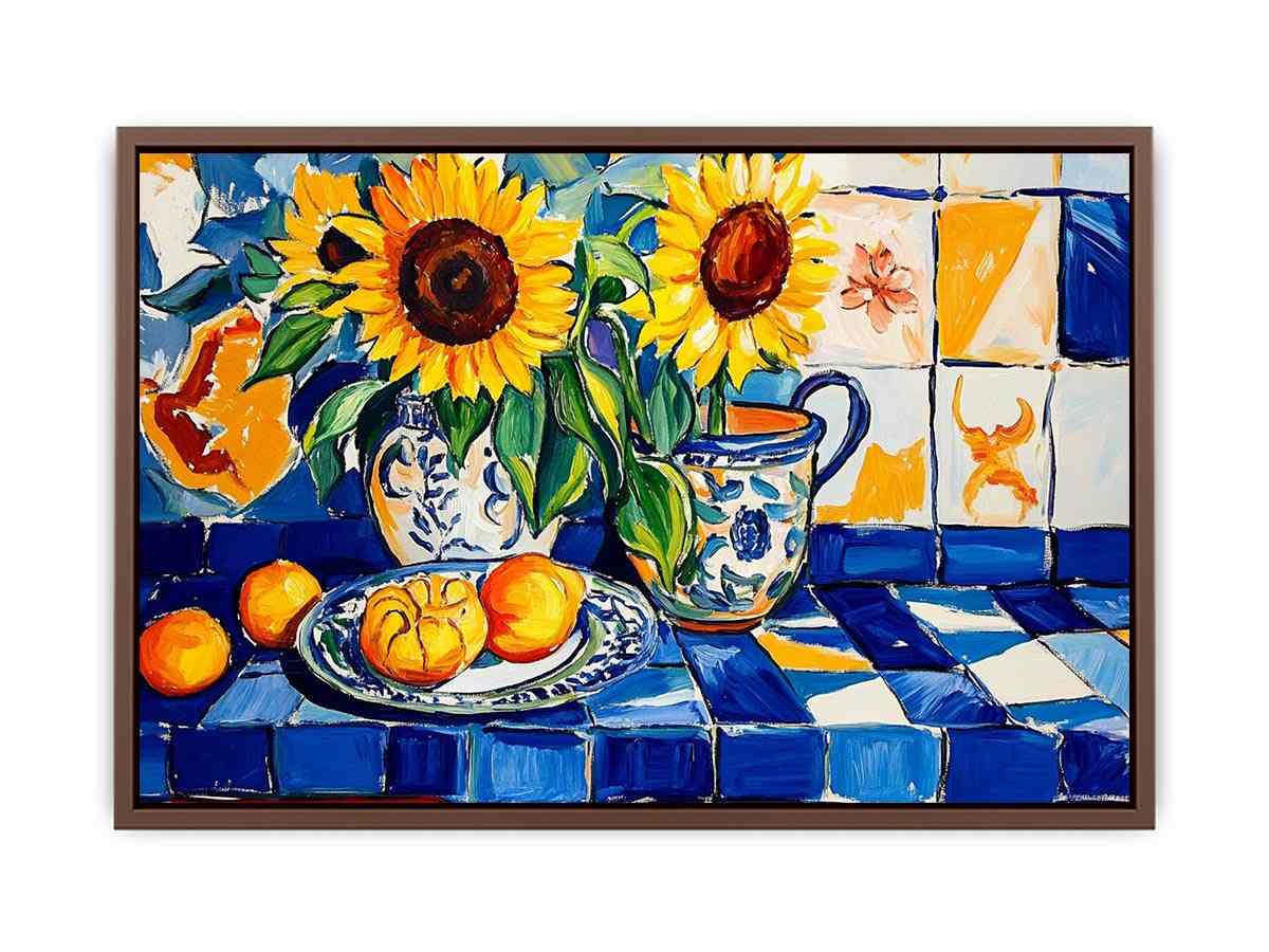 Sunflower and lemon still life canvas art with blue tiles for kitchen decor.