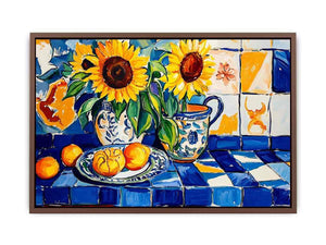 Sunflower and lemon still life canvas art with blue tiles for kitchen decor.