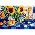 Sunflower and lemon still life canvas art with blue tiles for kitchen decor.