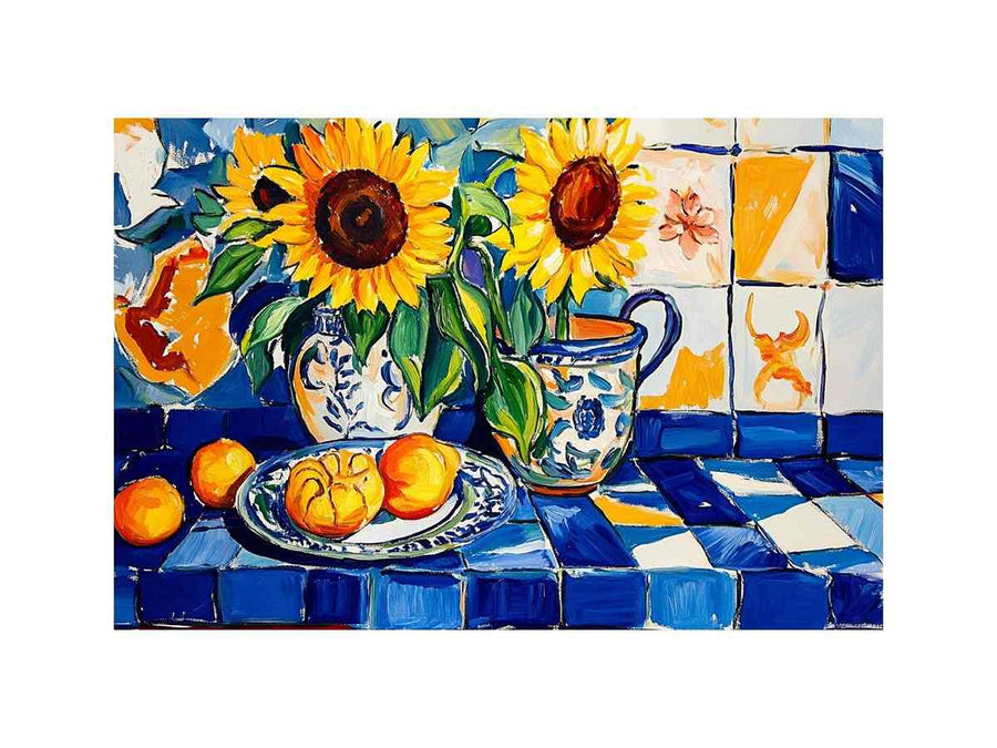 Sunflower and lemon still life canvas art with blue tiles for kitchen decor.