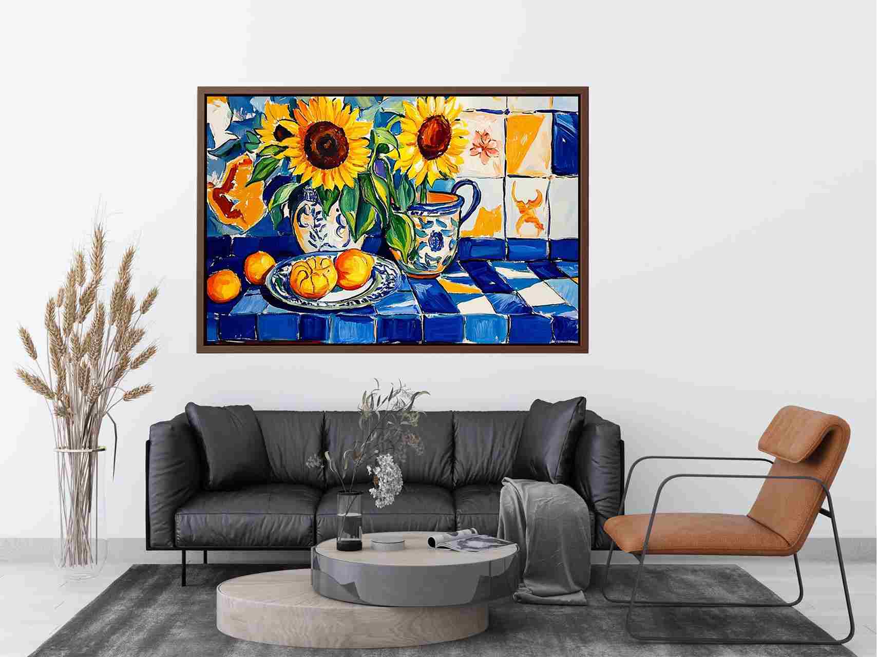 Sunflower and lemon still life canvas art with blue tiles for kitchen decor.