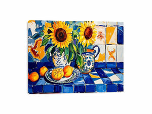Sunflower and lemon still life canvas art with blue tiles for kitchen decor.
