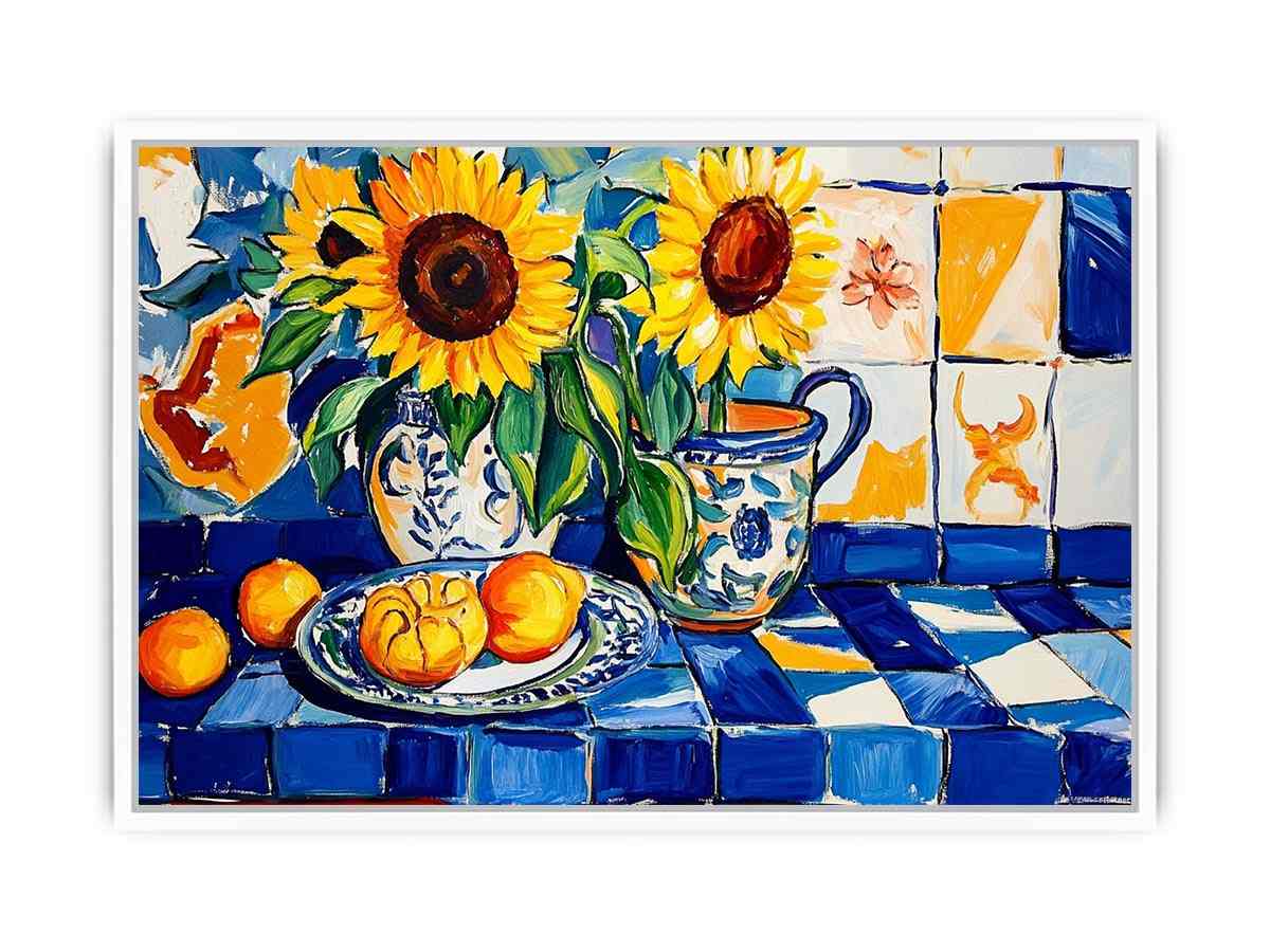 Sunflower and lemon still life canvas art with blue tiles for kitchen decor.