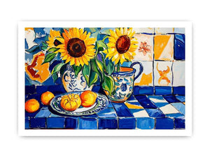 Sunflower and lemon still life canvas art with blue tiles for kitchen decor.