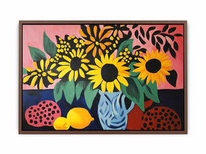 Bold sunflower still life canvas art for colourful living room decor.