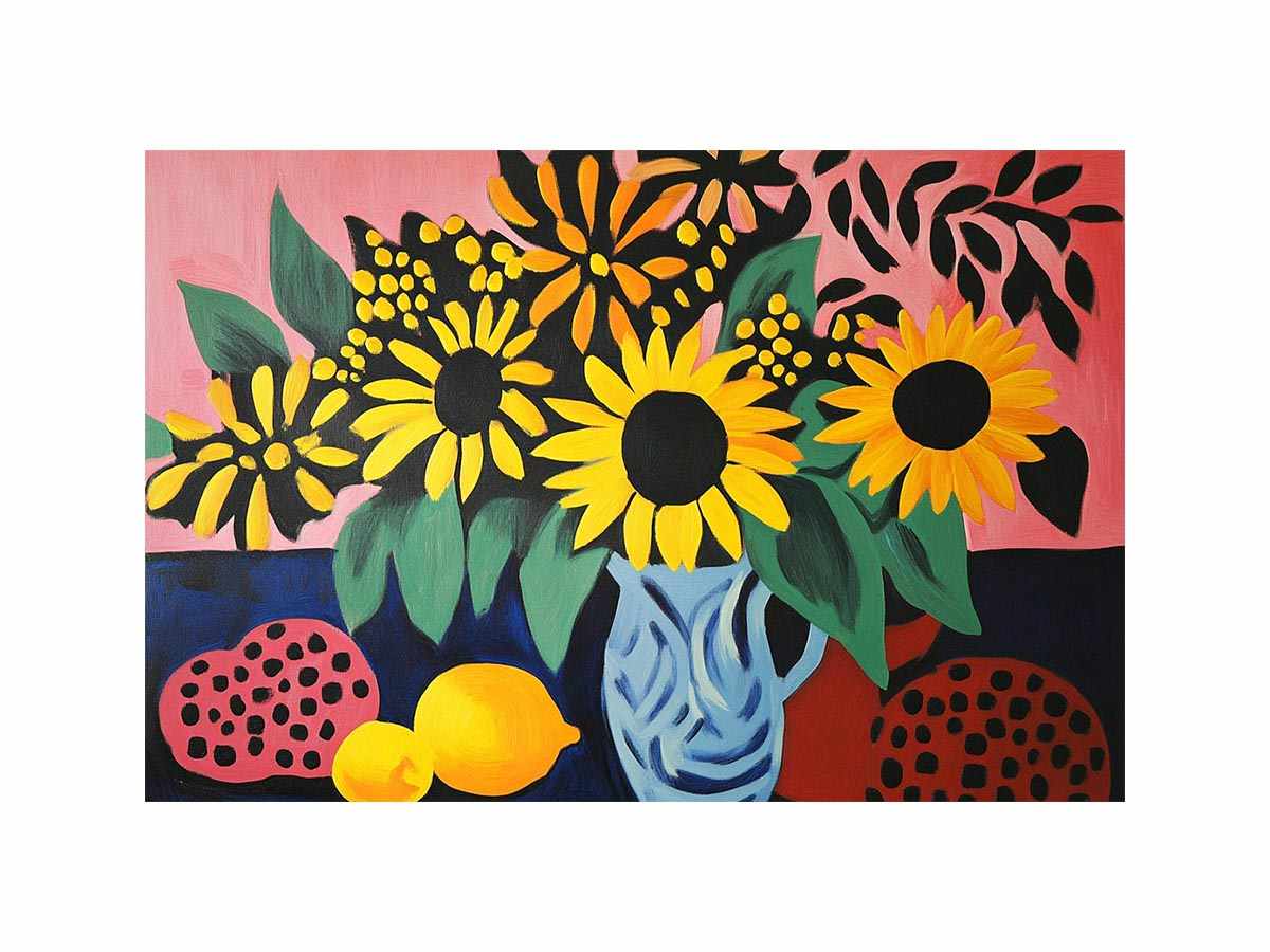 Bold sunflower still life canvas art for colourful living room decor.