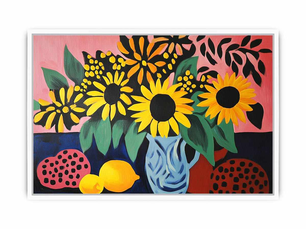 Bold sunflower still life canvas art for colourful living room decor.